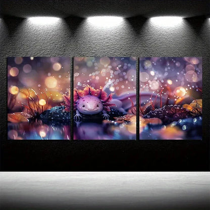 3pcs Smiling Axolotl by The Pool Design Metal Print Ready to Hang Art