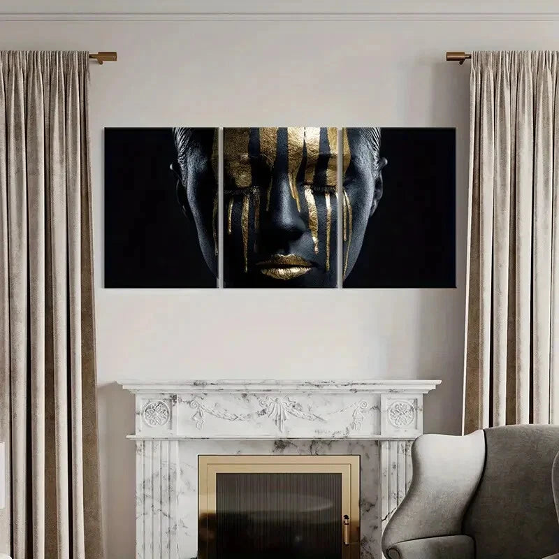 3pcs Golden Stripes Black Face Modern Abstract Metal Print Ready to Hang Art
