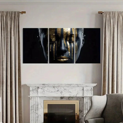 3pcs Golden Stripes Black Face Modern Abstract Metal Print Ready to Hang Art