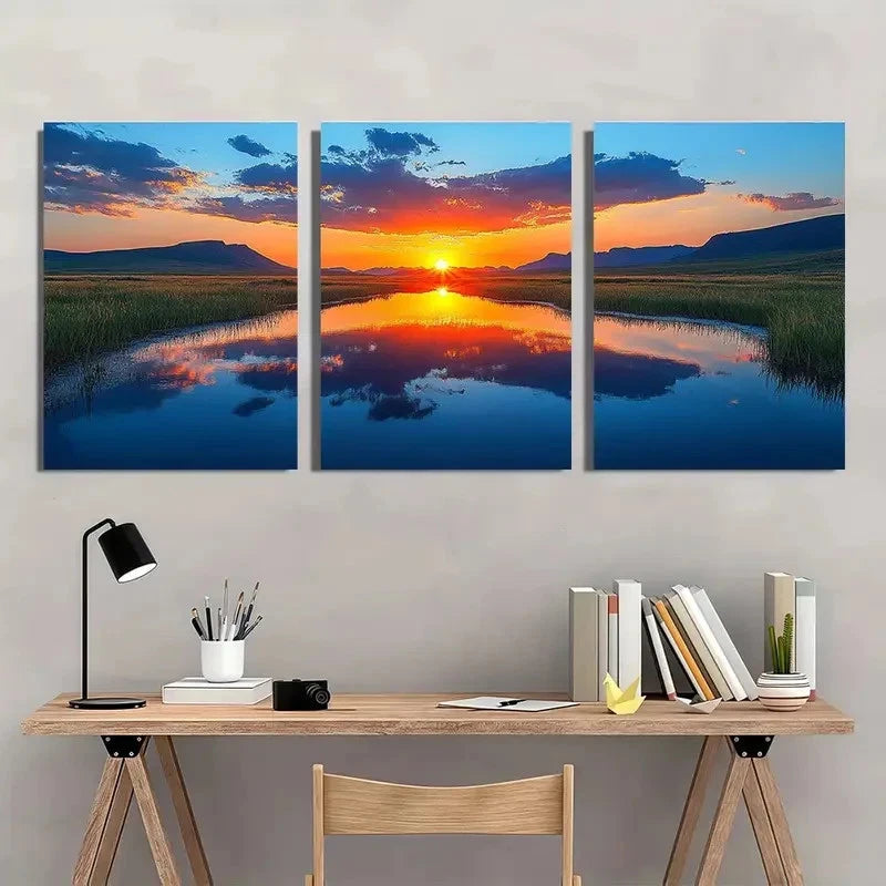 3pcs Sunset Sky Clouds Mountains and Rivers Wall Art Set Canvas Framed 40x60cm - High Quality Print 100% Australian Made Wall Canvas Ready to Hang