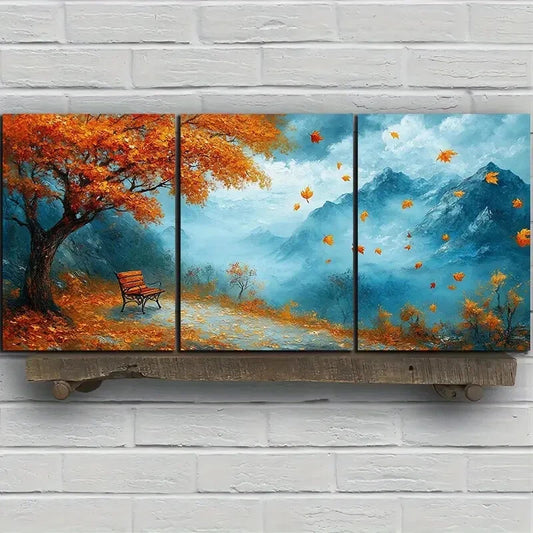 3pcs A Bench Under Autumn Leaves Mountain Metal Print Ready to Hang Art