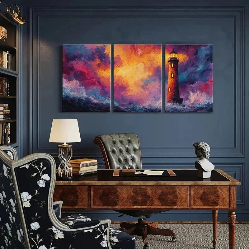 3pcs Lighthouse Sunset Ocean Waves Vibrant Colors Metal Print Ready to Hang Art