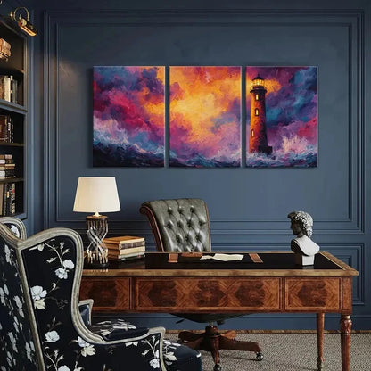 3pcs Lighthouse Sunset Ocean Waves Vibrant Colors Metal Print Ready to Hang Art