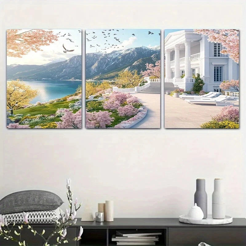 3pcs Vibrant Flowering Trees Mountain Lake Scenery Metal Print Ready to Hang Art