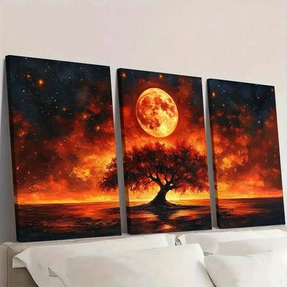 3pcs Warm Orange Red Hues Moon Night Scene Wall Art Set Canvas Framed 40x60cm - High Quality Print 100% Australian Made Wall Canvas Ready to Hang