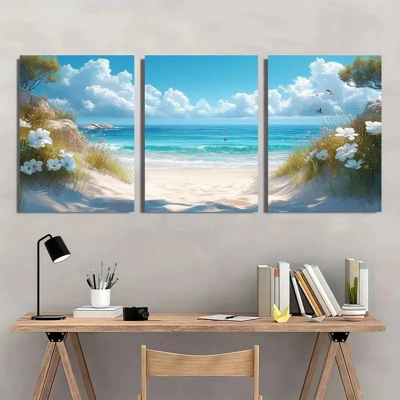 3pcs Vibrant Coastal Scene with White Flowers Metal Print Ready to Hang Art