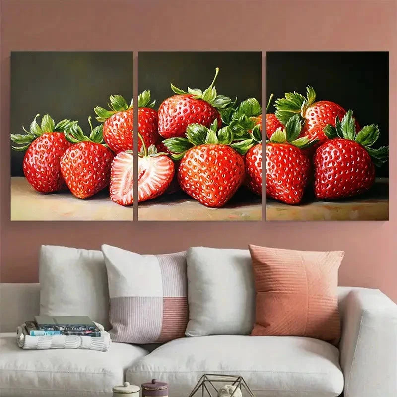 3pcs Strawberry Still Life Realistic Fruit Metal Print Ready to Hang Art