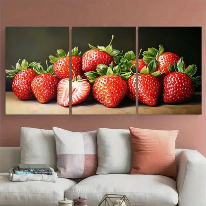 3pcs Strawberry Still Life Realistic Fruit Metal Print Ready to Hang Art