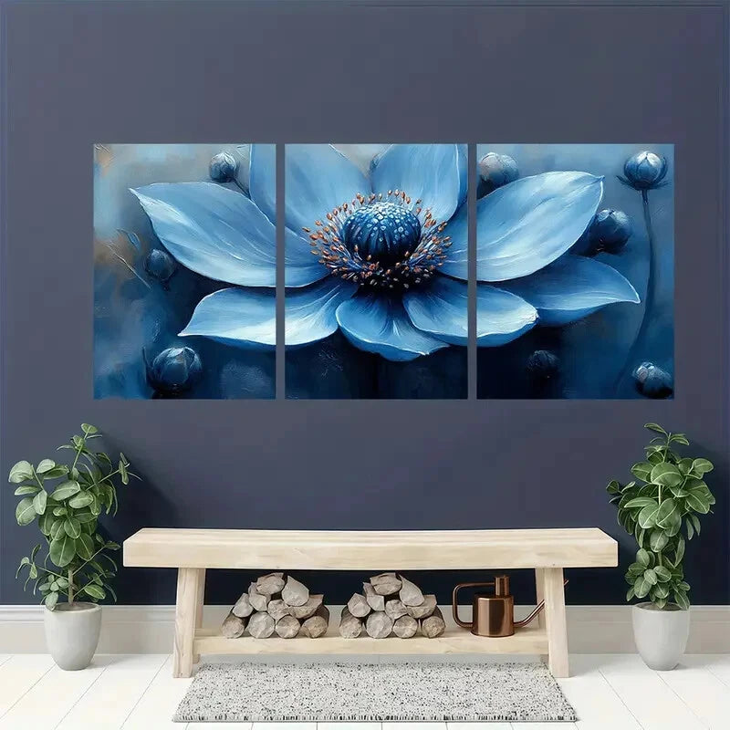 3pcs Blue Sea Holly Modern Abstract Floral Design Metal Print Ready to Hang Art