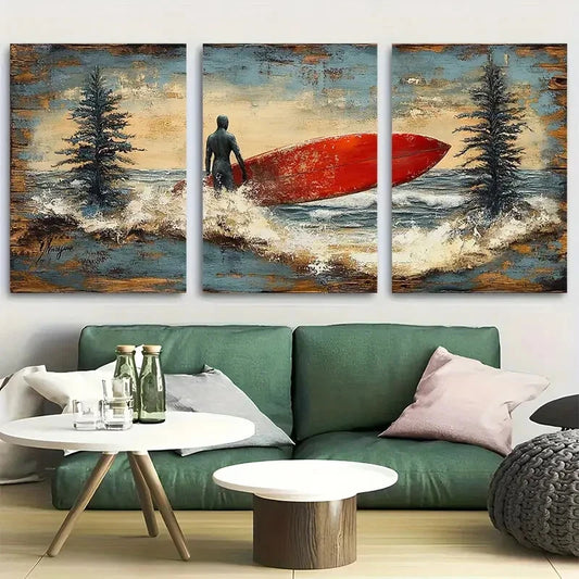 3pcs Rustic Design Surfer Tropical Beach Metal Print Ready to Hang Art