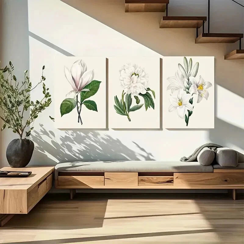 3pcs Elegant White Flower Botanical Print Metal Print Ready to Hang Art