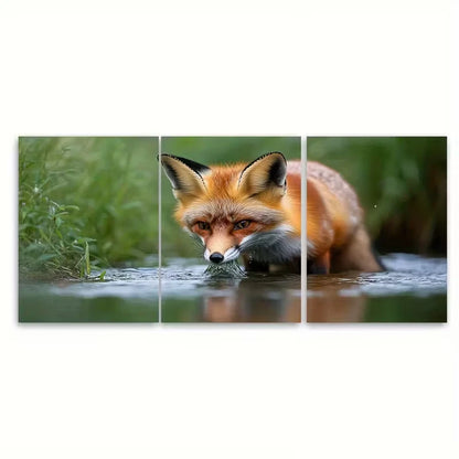 3pcs Curious Wild Fox Drinking from River Metal Print Ready to Hang Art