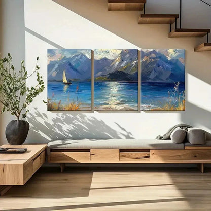 3pcs Sailboat Mountain Range Blue Waters Metal Print Ready to Hang Art