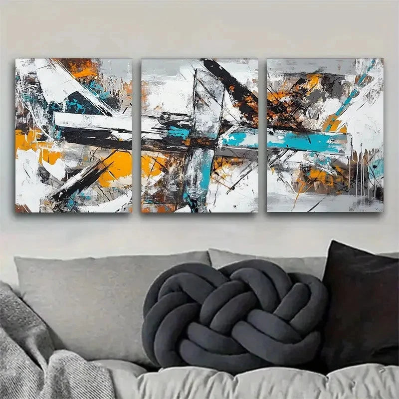 3pcs Bold Brushstrokes in Black White Orange Metal Print Ready to Hang Art