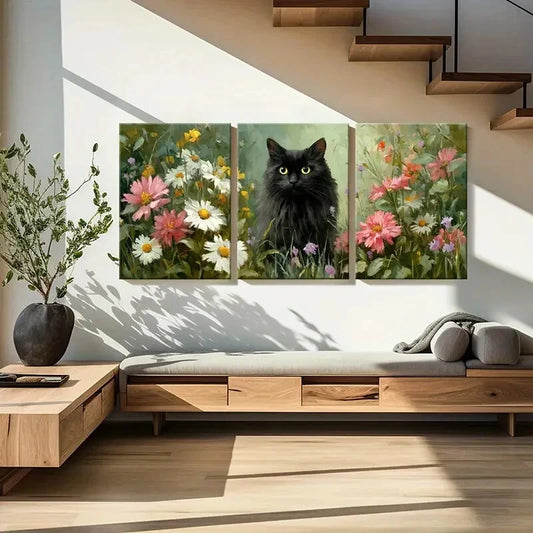 3pcss Black Cat Among Wildflowers Floral Metal Print Ready to Hang Art
