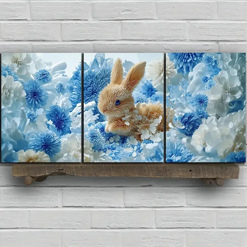 3pcs The Rabbit In The Flower Bushes Metal Print Ready to Hang Art
