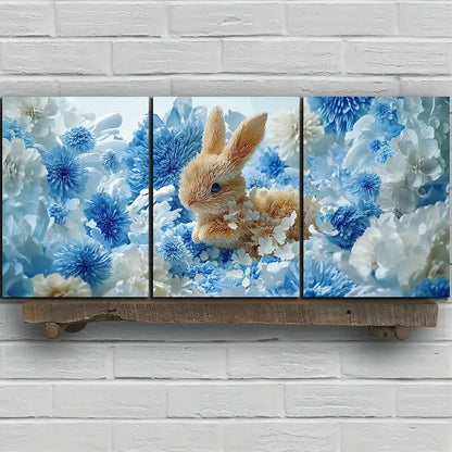 3pcs The Rabbit In The Flower Bushes Metal Print Ready to Hang Art