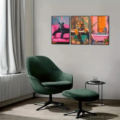 3pcs Black Panther on Pink Sofa Bright Color Metal Print Ready to Hang Art
