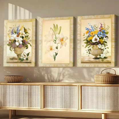 3pcs Beautiful Florals Modern Flower Vase White Wall Art Set Canvas Framed 40x60cm - High Quality Print 100% Australian Made Wall Canvas Ready to Hang