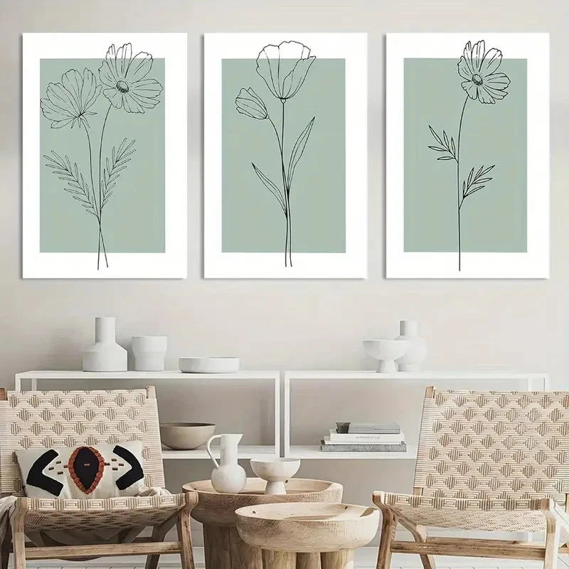 3pcs Minimalist Botanical Flower Paintings Metal Print Ready to Hang Art
