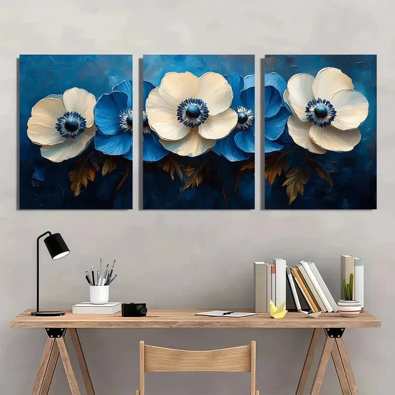 3pcs Elegant Blue & White Anemone Oil Painting Metal Print Ready to Hang Art