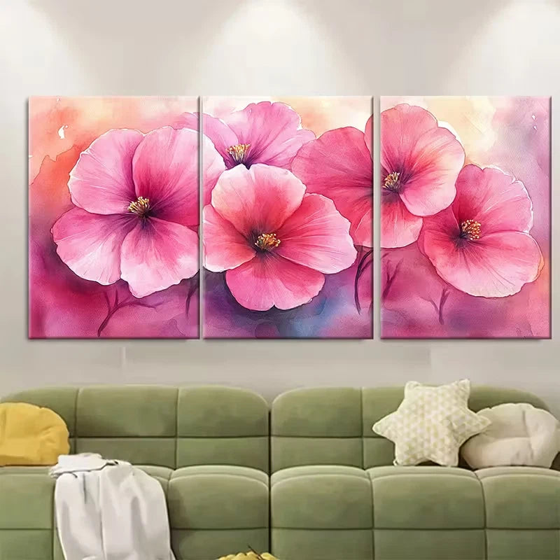 3pcs Delicate Pink Blooms with Golden Center Metal Print Ready to Hang Art