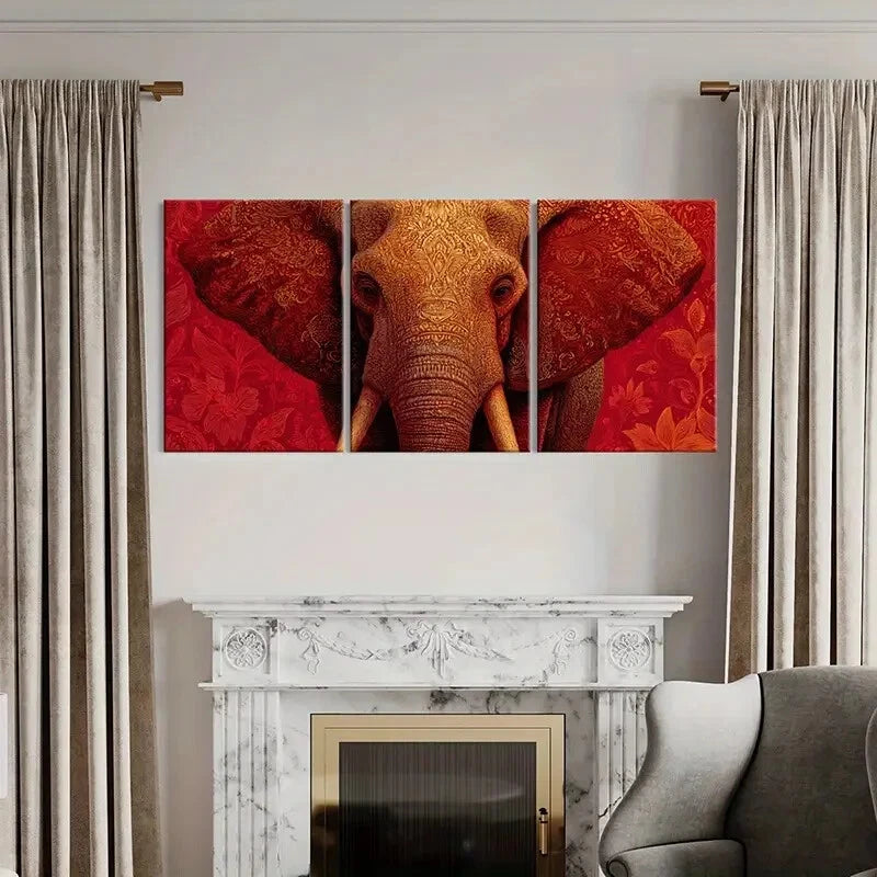 3pcs Elephant Art Intricate Design Red Background Metal Print Ready to Hang Art
