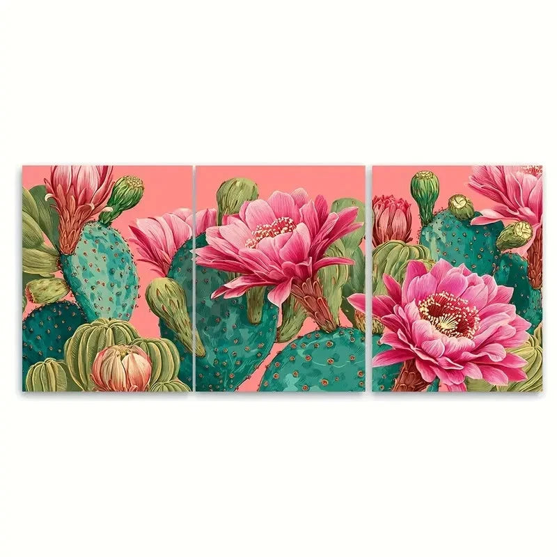 3pcs Boho Cactus Pink Flower Desert Scene Wall Art Set Canvas Framed 60x90cm - High Quality Print 100% Australian Made Wall Canvas Ready to Hang
