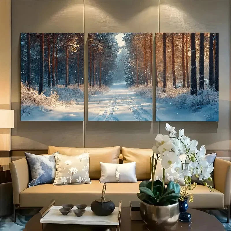 3pcs Serene Winter Landscape in Blue Tones Metal Print Ready to Hang Art