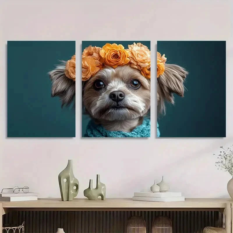 3pcs Whimsical Dress Up Dog Modern Metal Print Ready to Hang Art