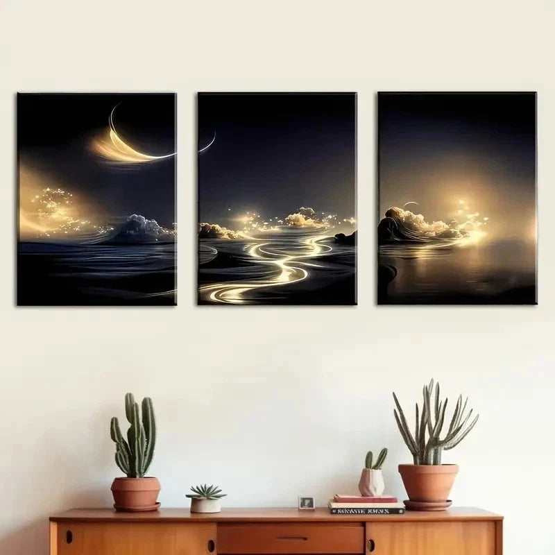 3pcs Golden Rivers & Starry Skies Perfect Wall Art Set Canvas Framed 40x60cm - High Quality Print 100% Australian Made Wall Canvas Ready to Hang