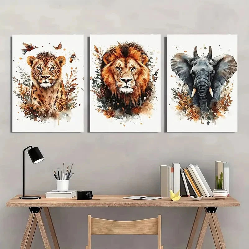 3pcs Animal Lions Elephants Giraffes Paintings Wall Art Set Canvas Framed 60x90cm - High Quality Print 100% Australian Made Wall Canvas Ready to Hang