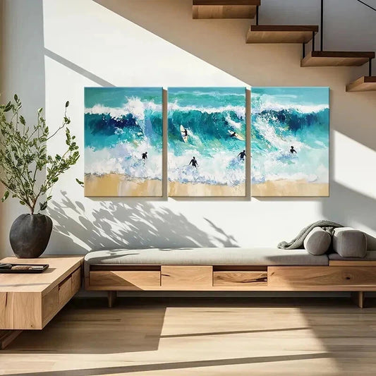3pcs Vibrant Sea Landscape with Surfers Wall Art Set Canvas Framed 40x60cm - High Quality Print 100% Australian Made Wall Canvas Ready to Hang