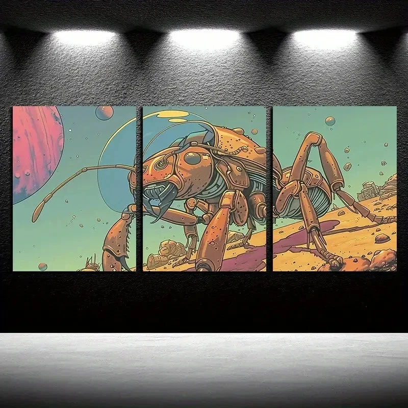 3pcs Ant-Inspired Robotic Illustration Metal Print Ready to Hang Art