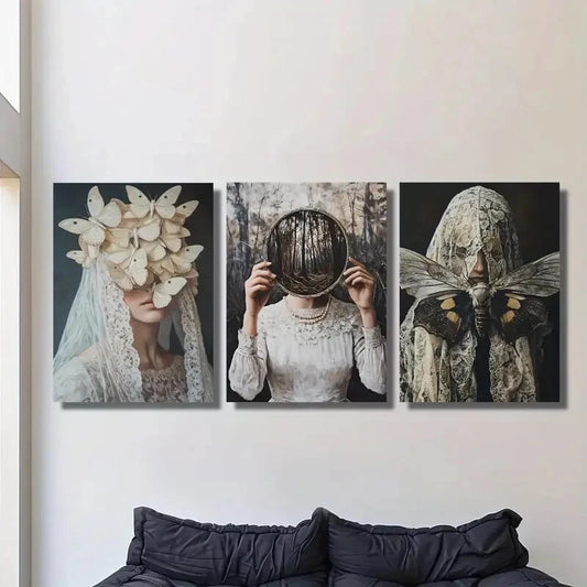 3pcs Surreal Illustration of Butterflies, Women, Metal Print Ready to Hang Art