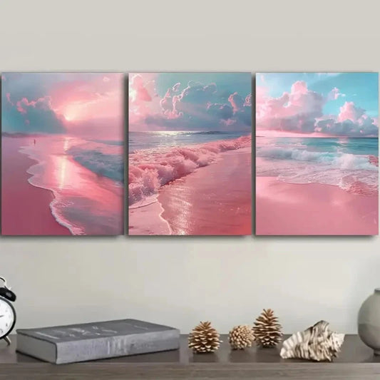 3pcs Set Pink Sandy Beach Canvas Wall Art Metal Print Ready to Hang Art