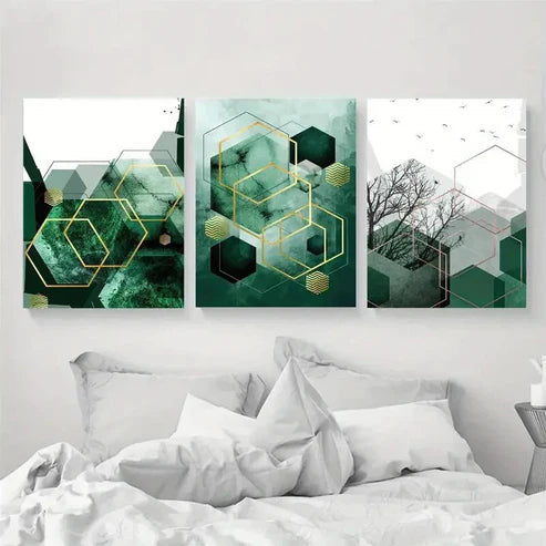 3pcs Geometric Abstract Green Copper Perfect Wall Art Canvas Unframed - High Quality Print 100% Australian Made Wall Canvas