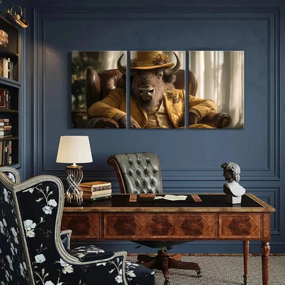 3pcs Elegant Buffalo In Golden Suit Rustic Charm Metal Print Ready to Hang Art