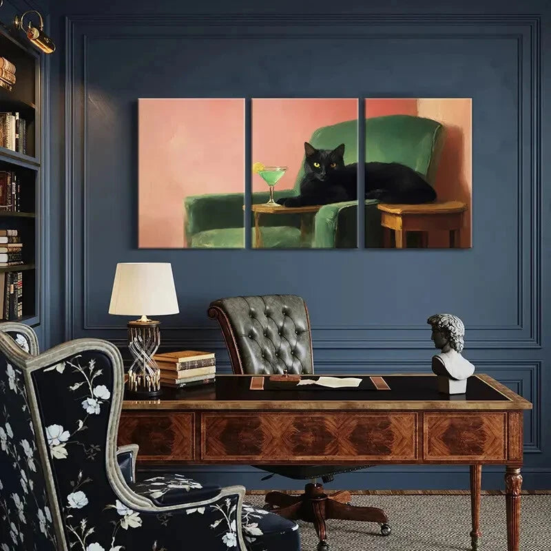 3pcs Black Cat Green Cocktail Modern Sofa Metal Print Ready to Hang Art