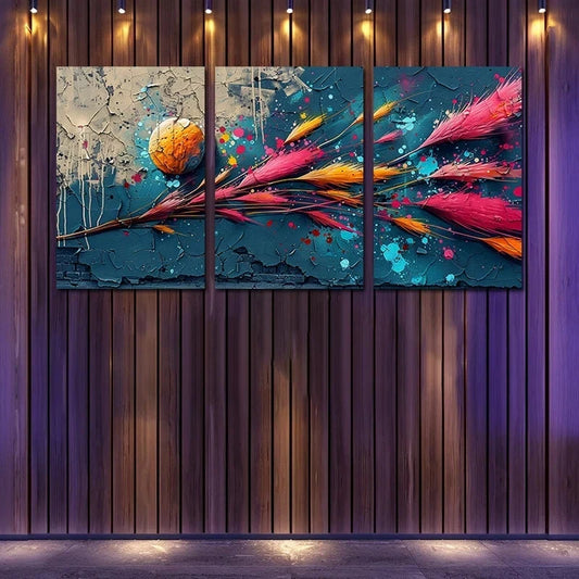 3pcs Stylized Reeds with a Circular Element Metal Print Ready to Hang Art