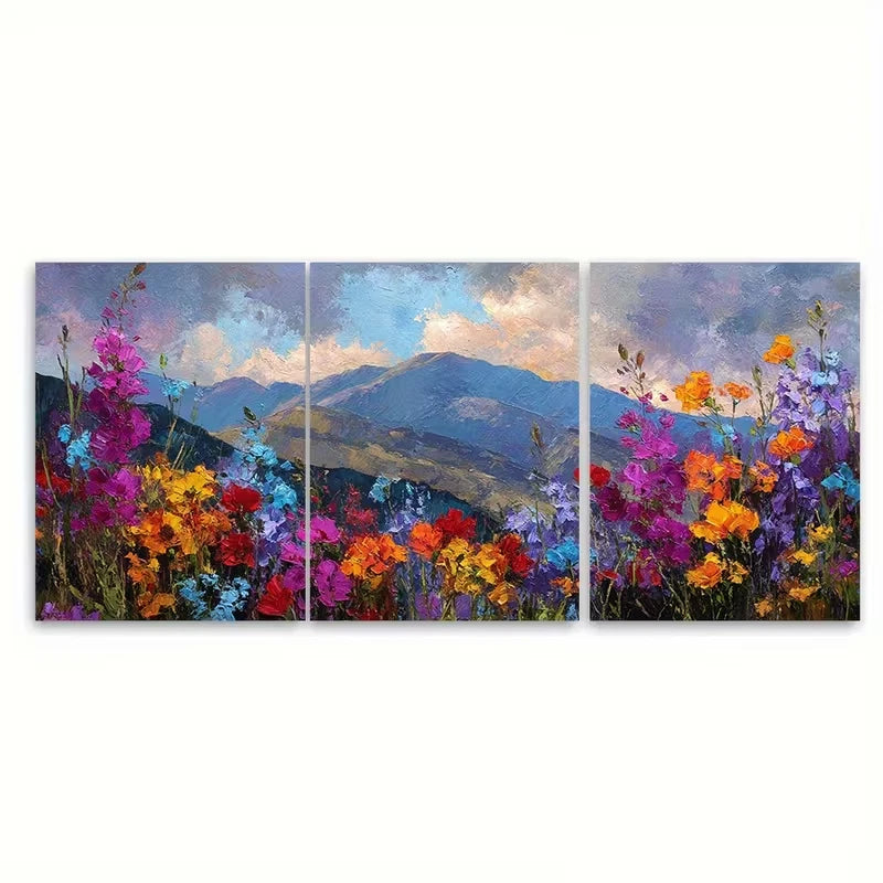 3pcs Colorful Wildflowers Mountain Sunset Metal Print Ready to Hang Art