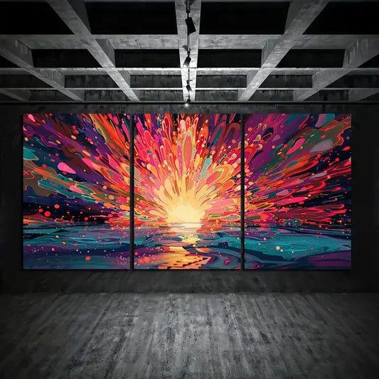 3pcs Sunburst Abstract Explosion of Color Metal Print Ready to Hang Art