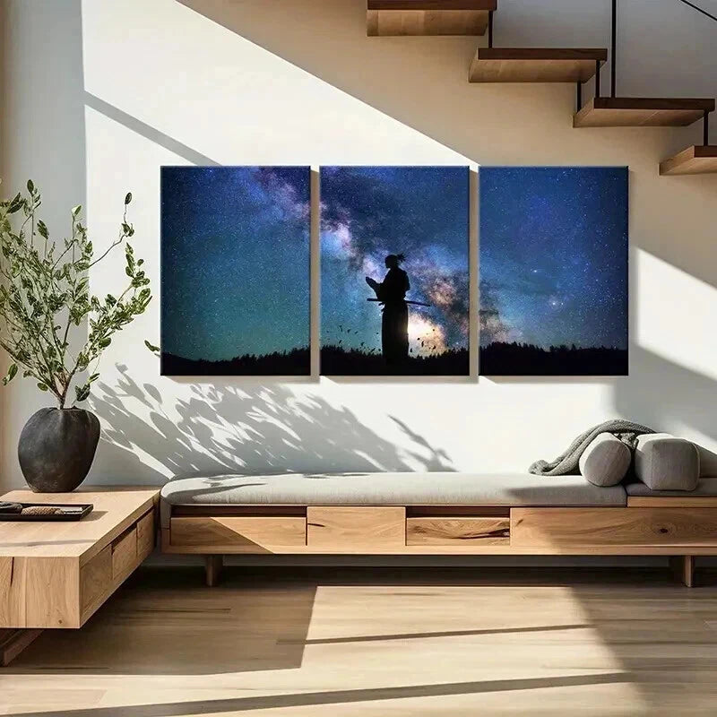 3pcs Starry Night Sky with Silhouette Swordsman Wall Art Set Canvas Framed 40x60cm - High Quality Print 100% Australian Made Wall Canvas Ready to Hang