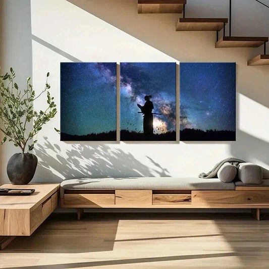 3pcs Starry Night Sky with Silhouette Swordsman Wall Art Set Canvas Framed 40x60cm - High Quality Print 100% Australian Made Wall Canvas Ready to Hang
