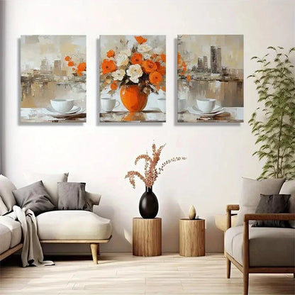 3pcs Elegant Orange Rose And White Flower Metal Print Ready to Hang Art