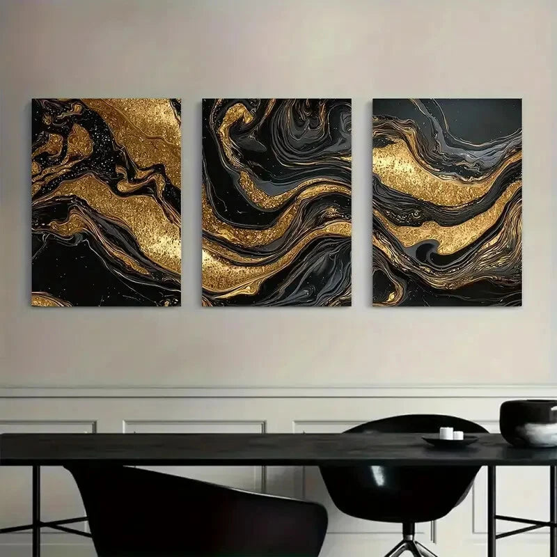 3pcs Black and Golden Marble Pattern Swirls Metal Print Ready to Hang Art