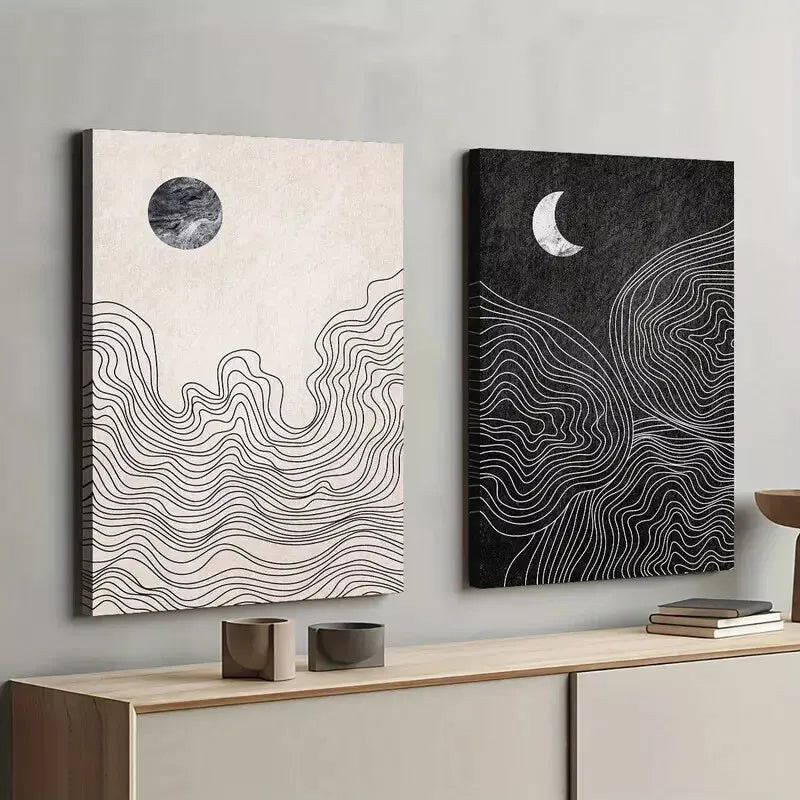 2-Piece Abstract Sun and Moon Geometric Framed 50x75cm - High Quality Print 100% Australian Made Wall Canvas Ready to Hang - Bella Home Decor