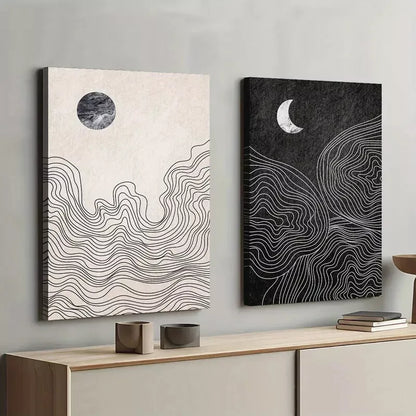 2-Piece Abstract Sun and Moon Geometric Framed 50x75cm - High Quality Print 100% Australian Made Wall Canvas Ready to Hang - Bella Home Decor