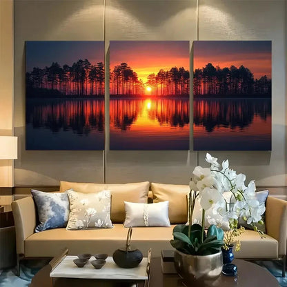 3pcs Twilight Lake Wall Art Serene Sunset Metal Print Ready to Hang Art