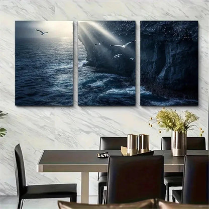 3pcs Seagulls and Waves Coastal Cliff Metal Print Ready to Hang Art